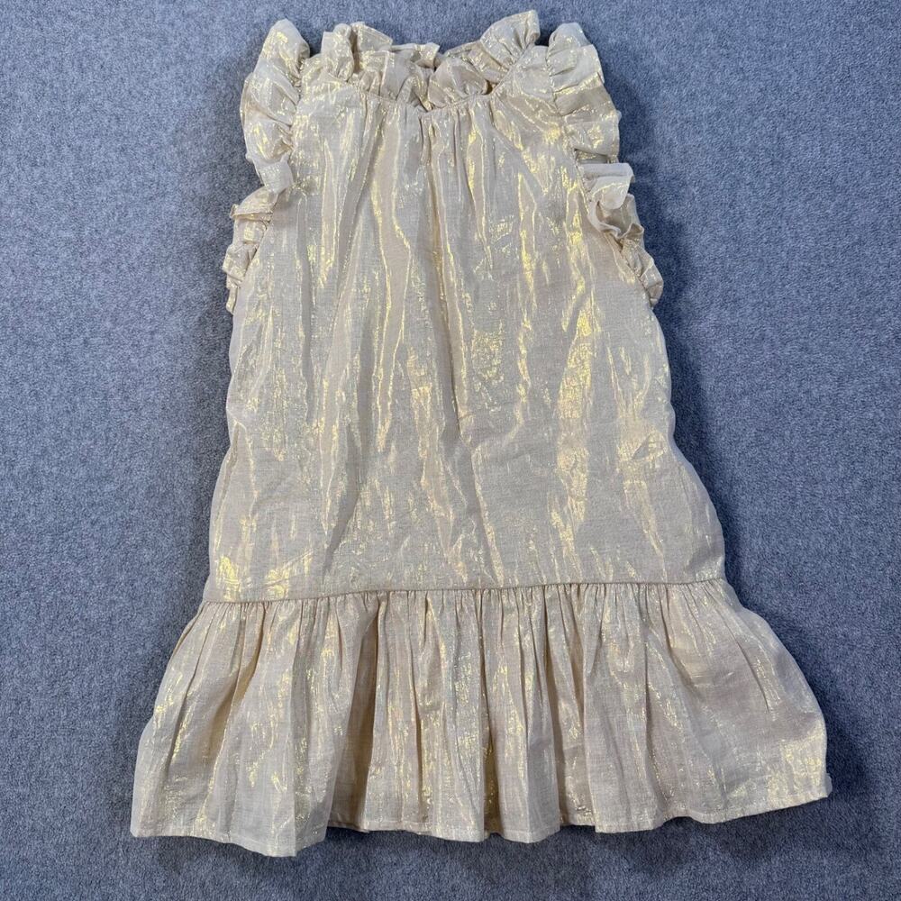 Tea Collection Gold Shimmer Ruffle Party Dress Size 7 Sleeveless High Neck Short